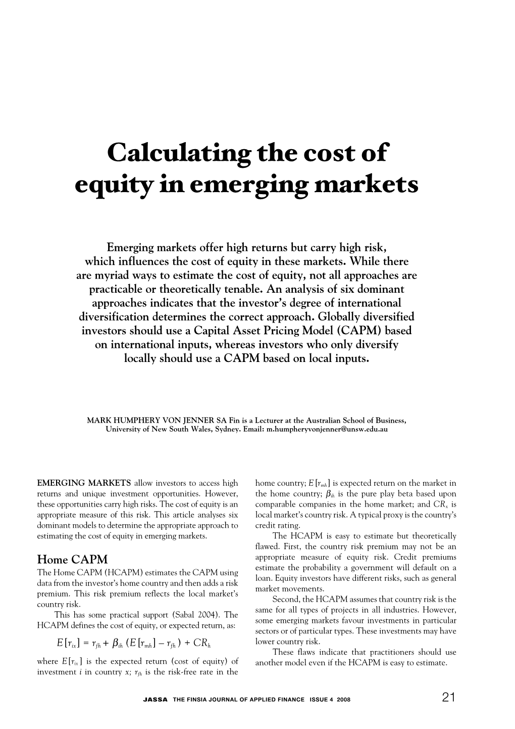 Calculating the Cost of Equity in Emerging Markets