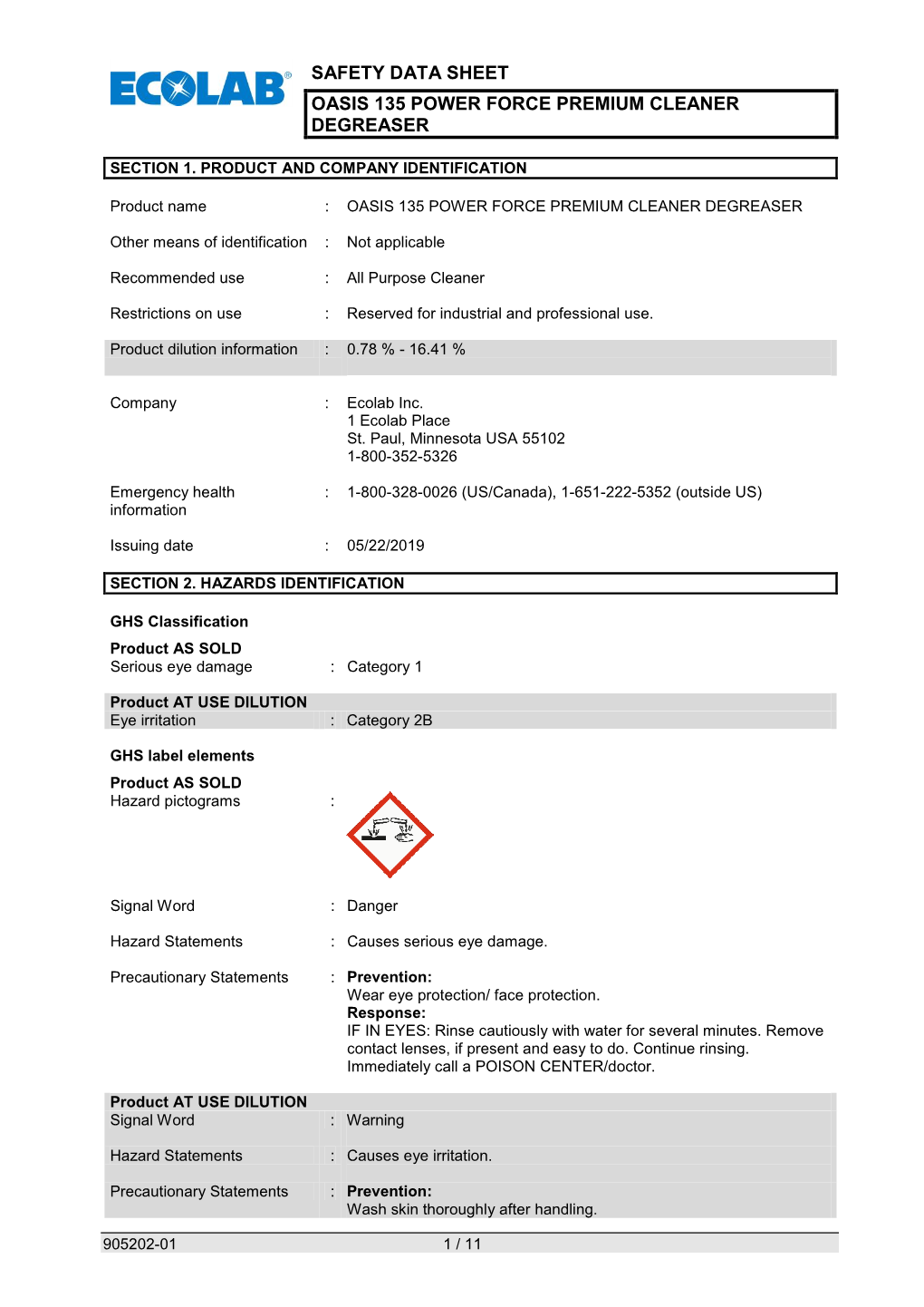 Safety Data Sheet Oasis 135 Power Force Premium Cleaner Degreaser