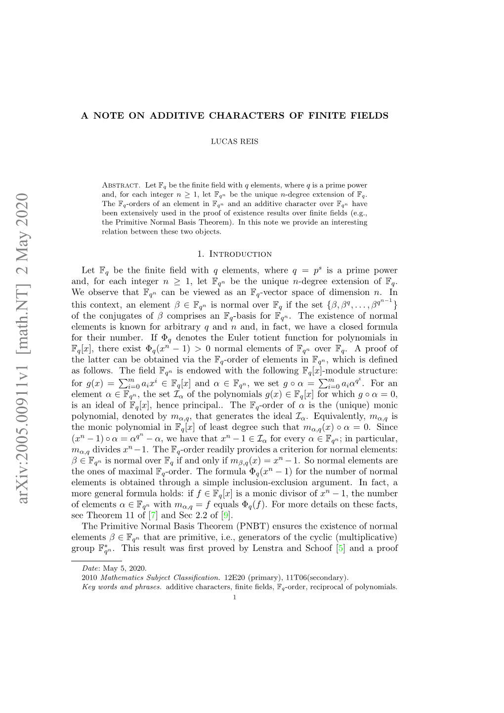 A Note on Additive Characters of Finite Fields