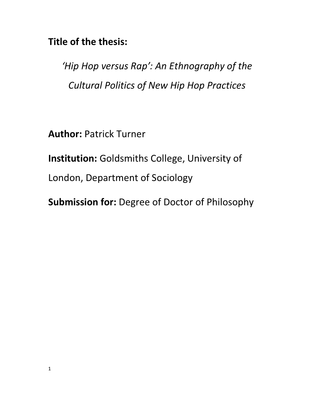 Title of the Thesis: 'Hip Hop Versus Rap'