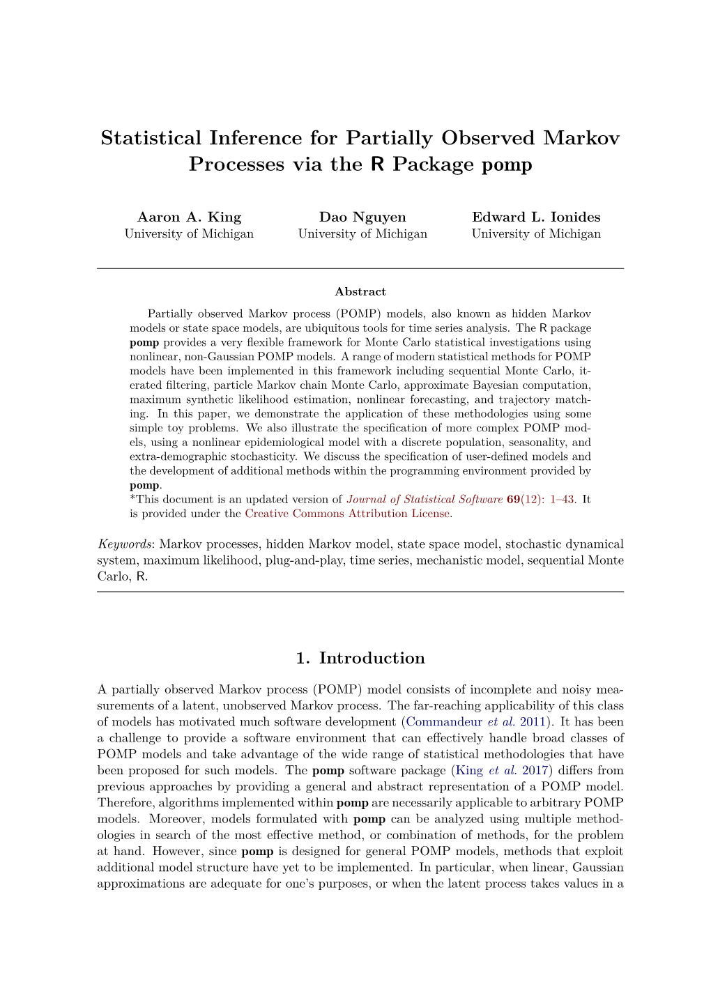 Statistical Inference for Partially Observed Markov Processes Via the R Package Pomp