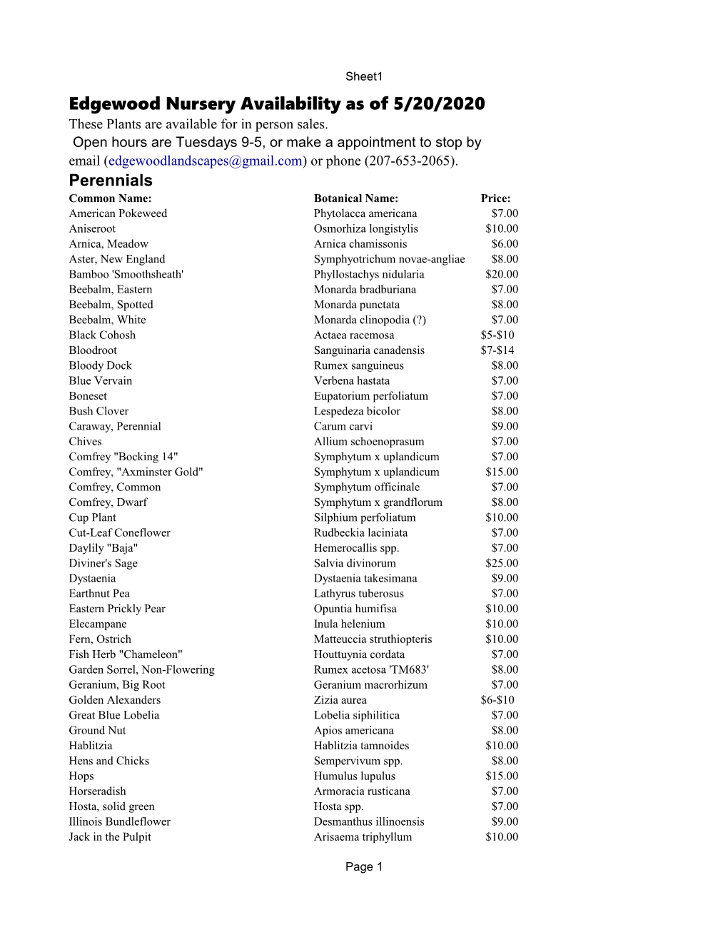 Edgewood Nursery Availability As of 5/20/2020 These Plants Are Available for in Person Sales