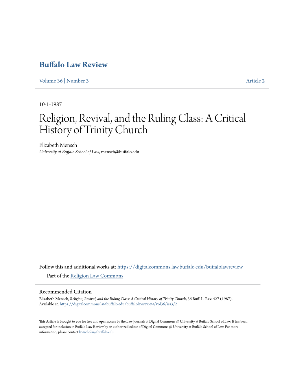 A Critical History of Trinity Church Elizabeth Mensch University at Buffalo School of Law, Mensch@Buffalo.Edu