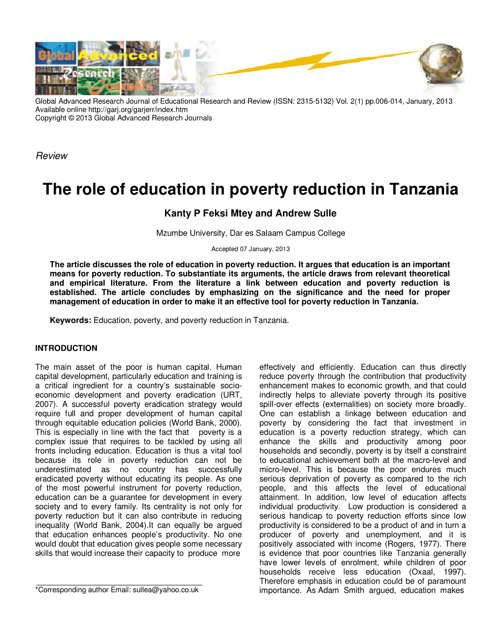 The Role of Education in Poverty Reduction in Tanzania