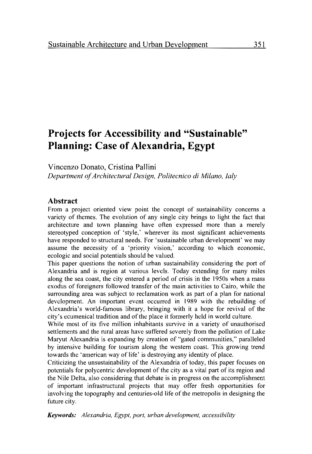 Projects for Accessibility and "Sustainable" Planning: Case of Alexandria, Egypt