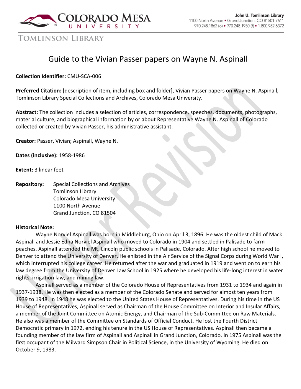 Guide to the Vivian Passer Papers on Wayne N. Aspinall