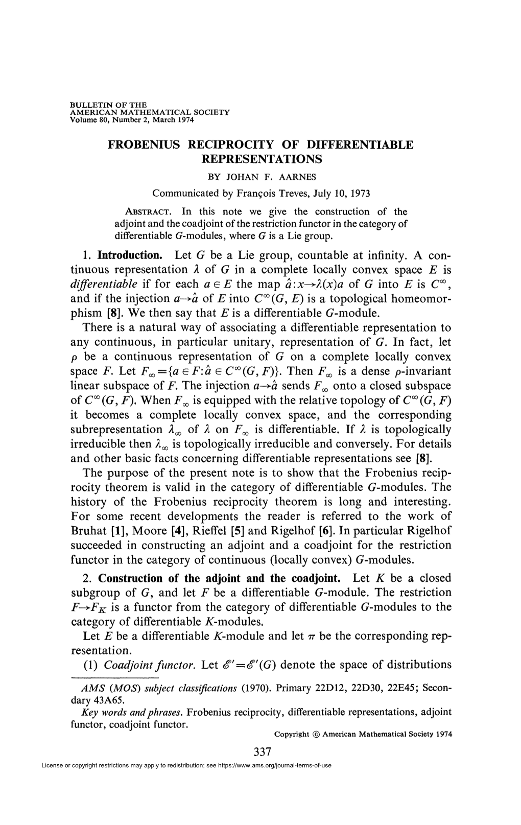 Frobenius Reciprocity of Differentiable Representations by Johan F