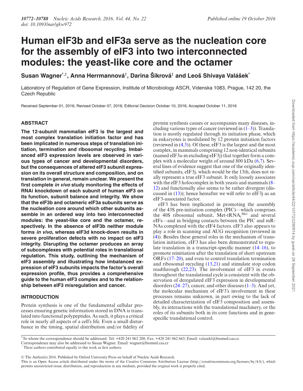 Human Eif3b and Eif3a Serve As the Nucleation Core for the Assembly Of