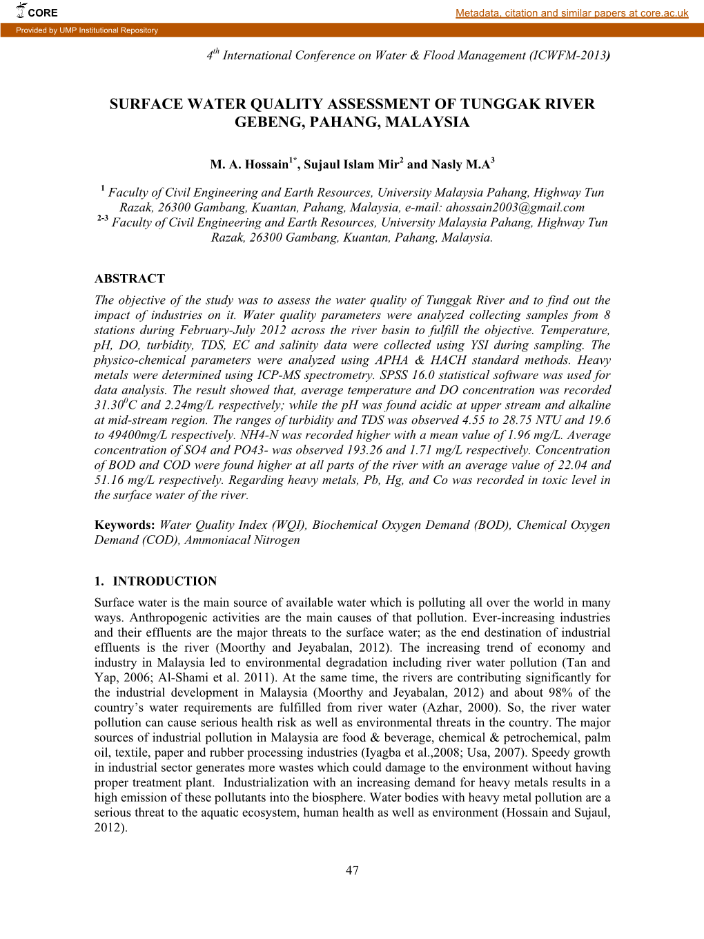 Surface Water Quality Assessment of Tunggak River Gebeng, Pahang, Malaysia