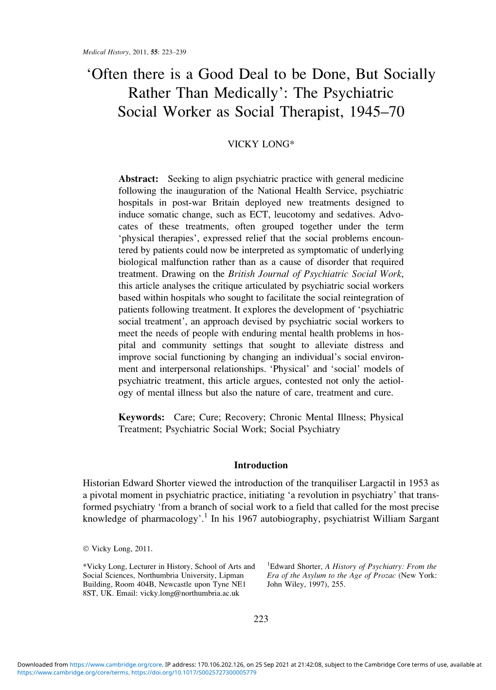 The Psychiatric Social Worker As Social Therapist, 1945–70