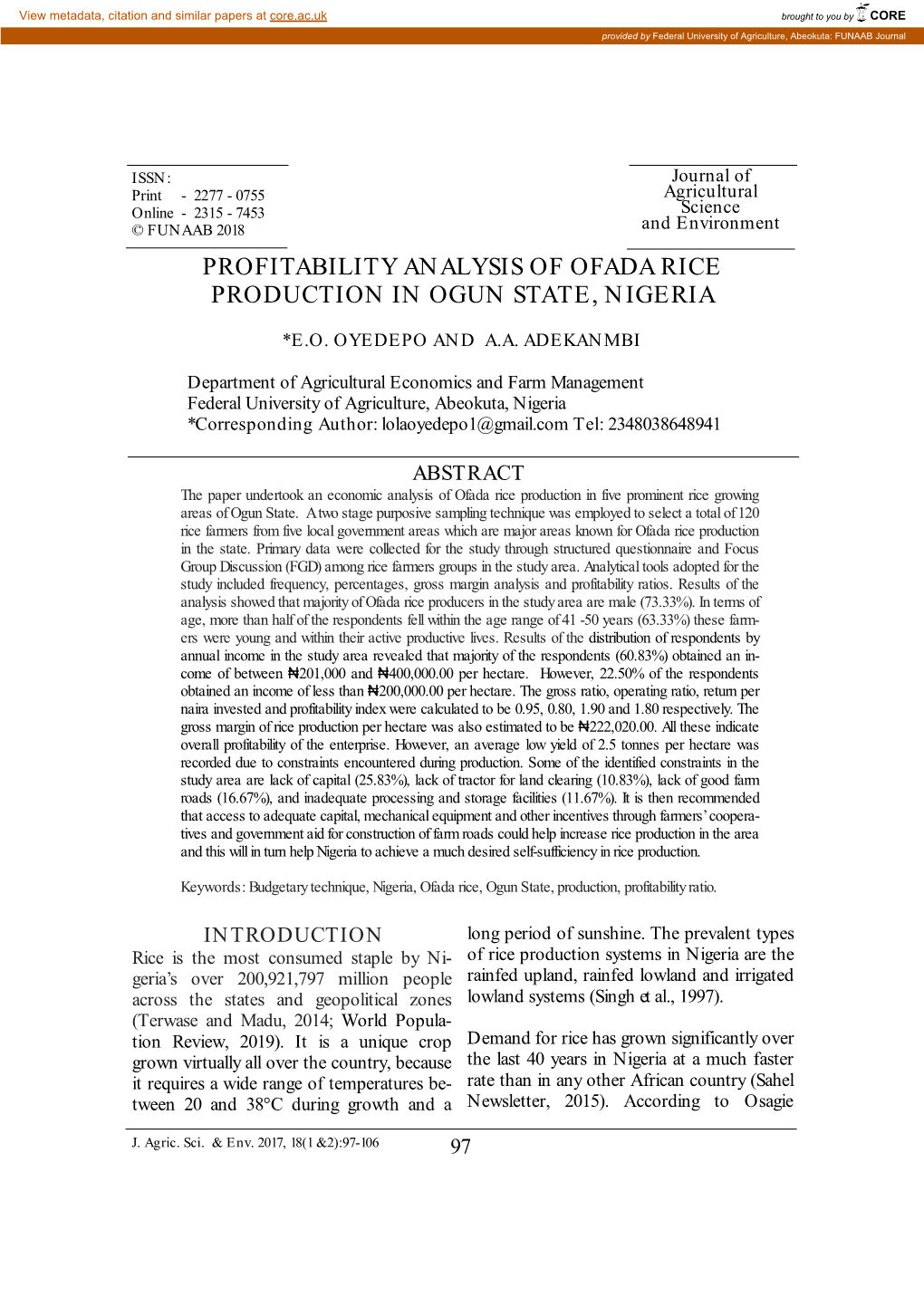 Profitability Analysis of Ofada Rice Production in Ogun State, Nigeria