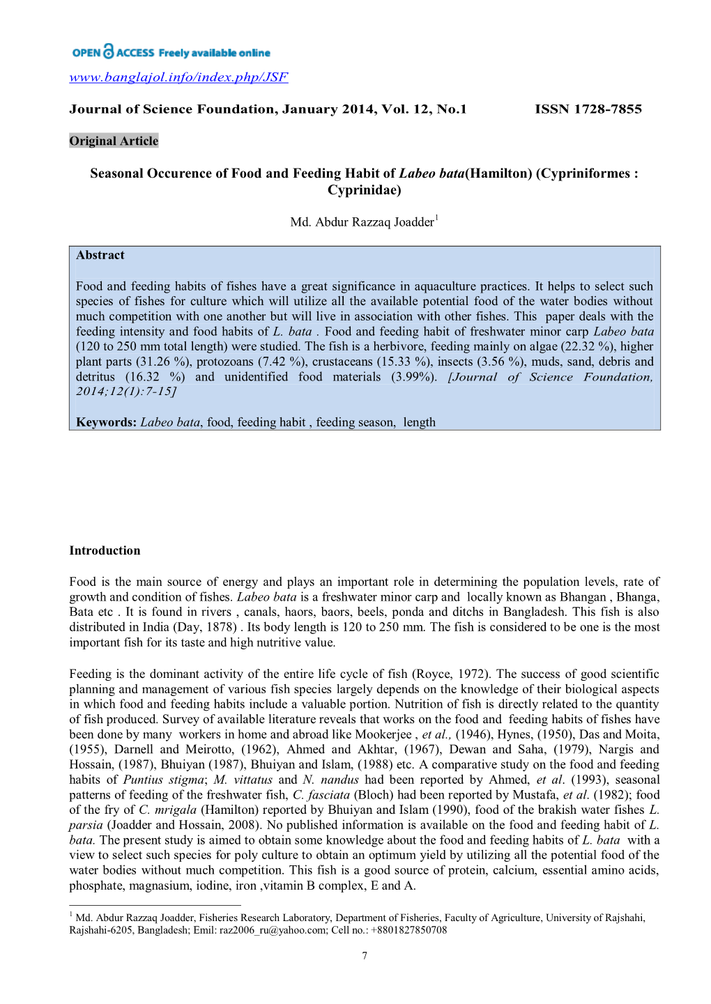 Seasonal Occurence of Food and Feeding Habit of Labeo Bata(Hamilton) (Cypriniformes : Cyprinidae)