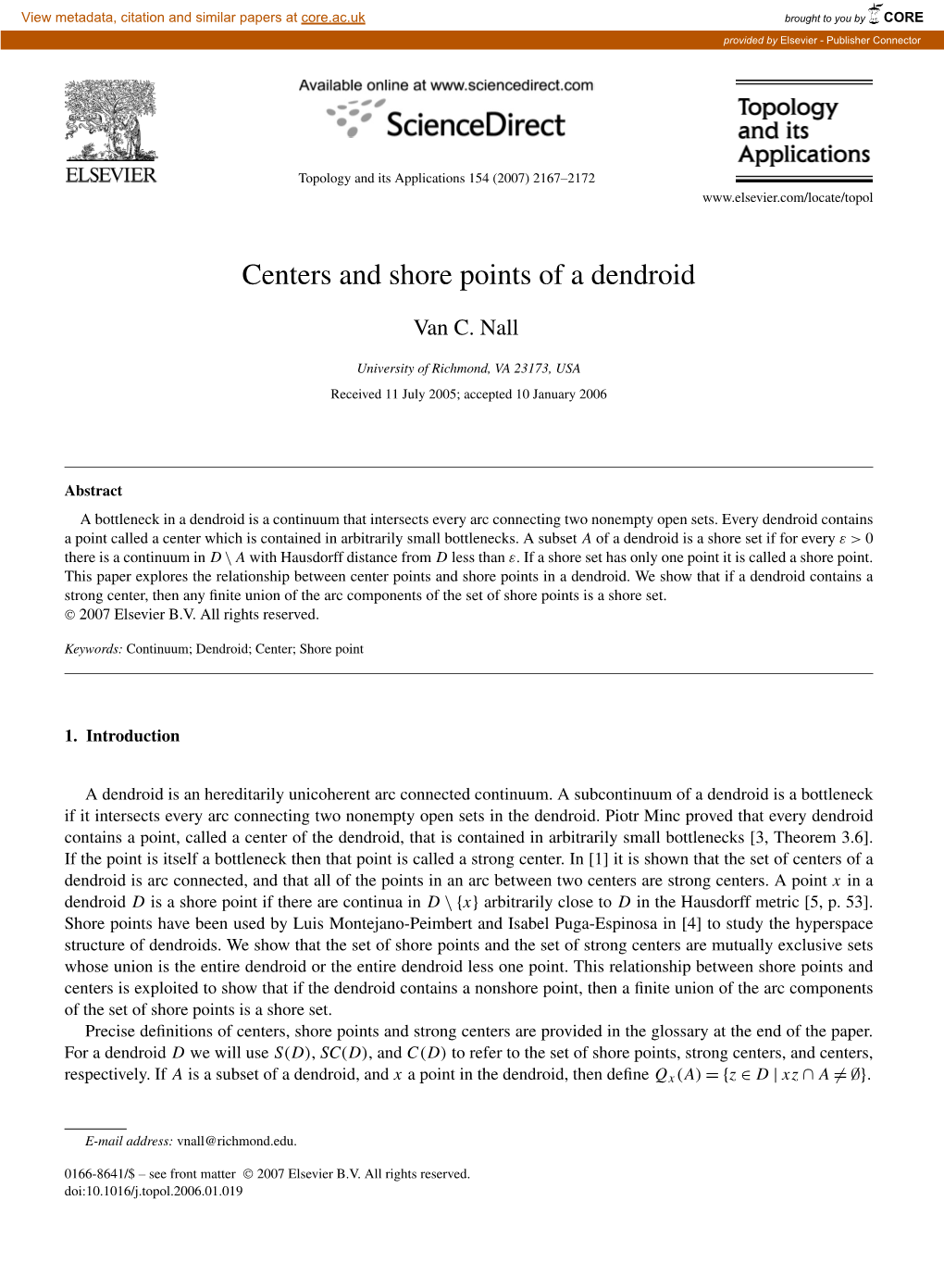 Centers and Shore Points of a Dendroid