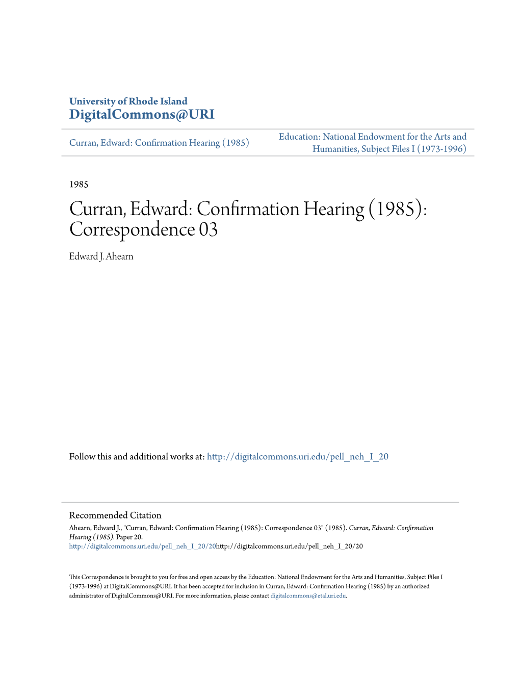 Curran, Edward: Confirmation Hearing (1985): Correspondence 03 Edward J