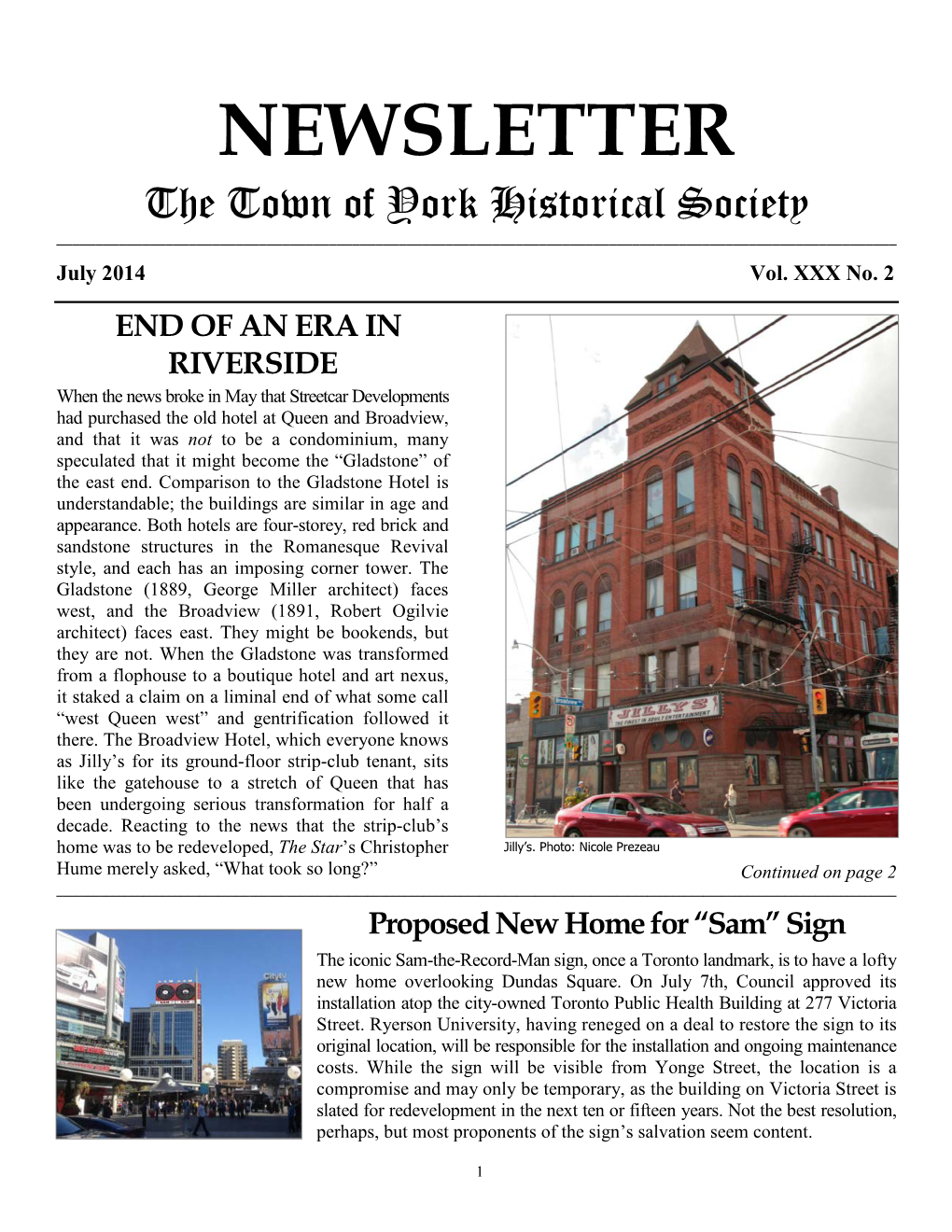 NEWSLETTER the Town of York Historical Society ______