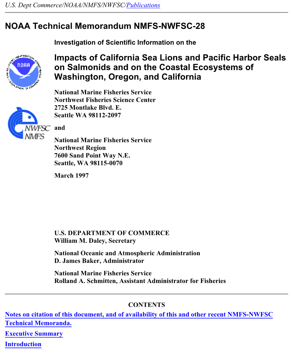 Noaa/Nmfsc/Nwfsc-Tm28: Impacts of California Sea Li...Al Ecosystems of Washington, Oregon, and California U.S