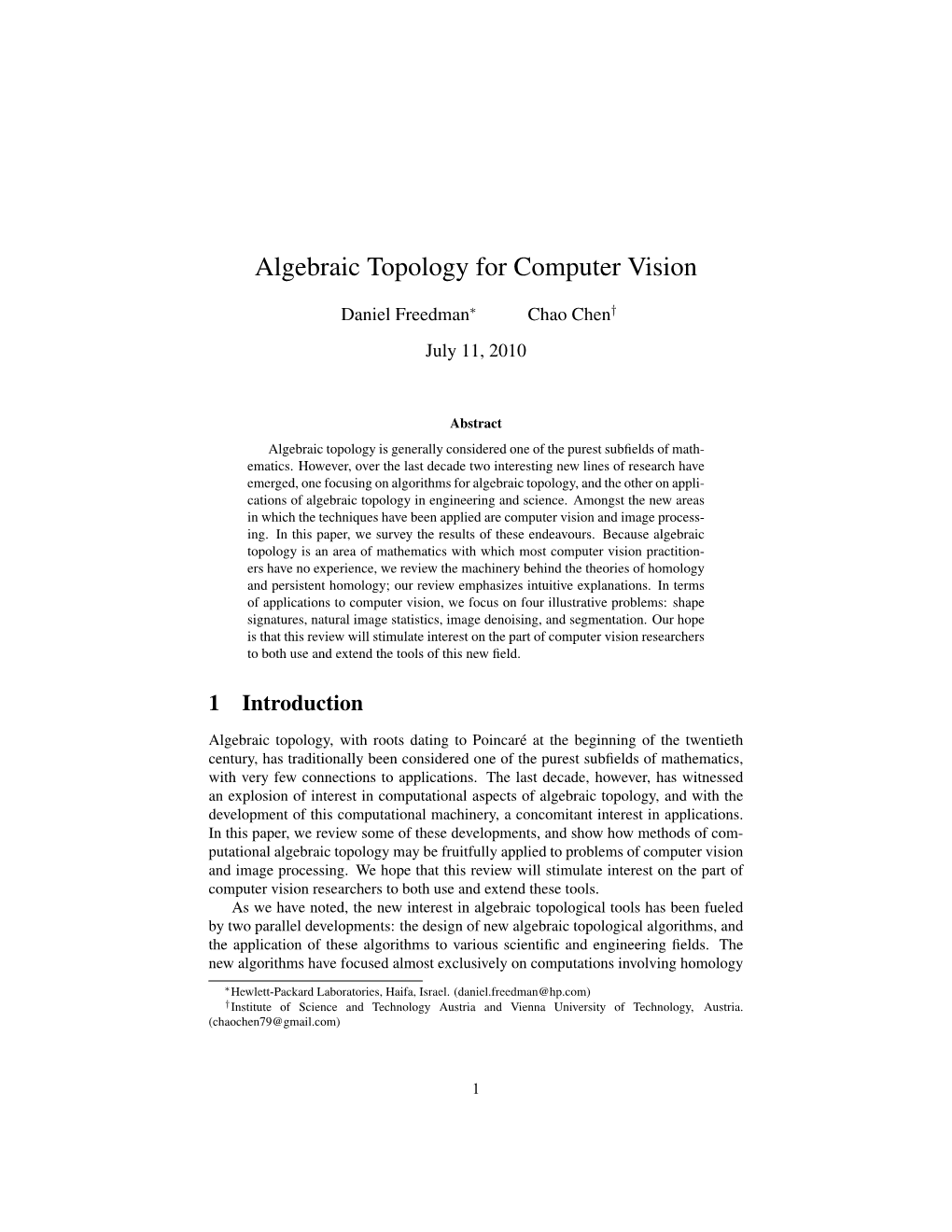 Algebraic Topology for Computer Vision