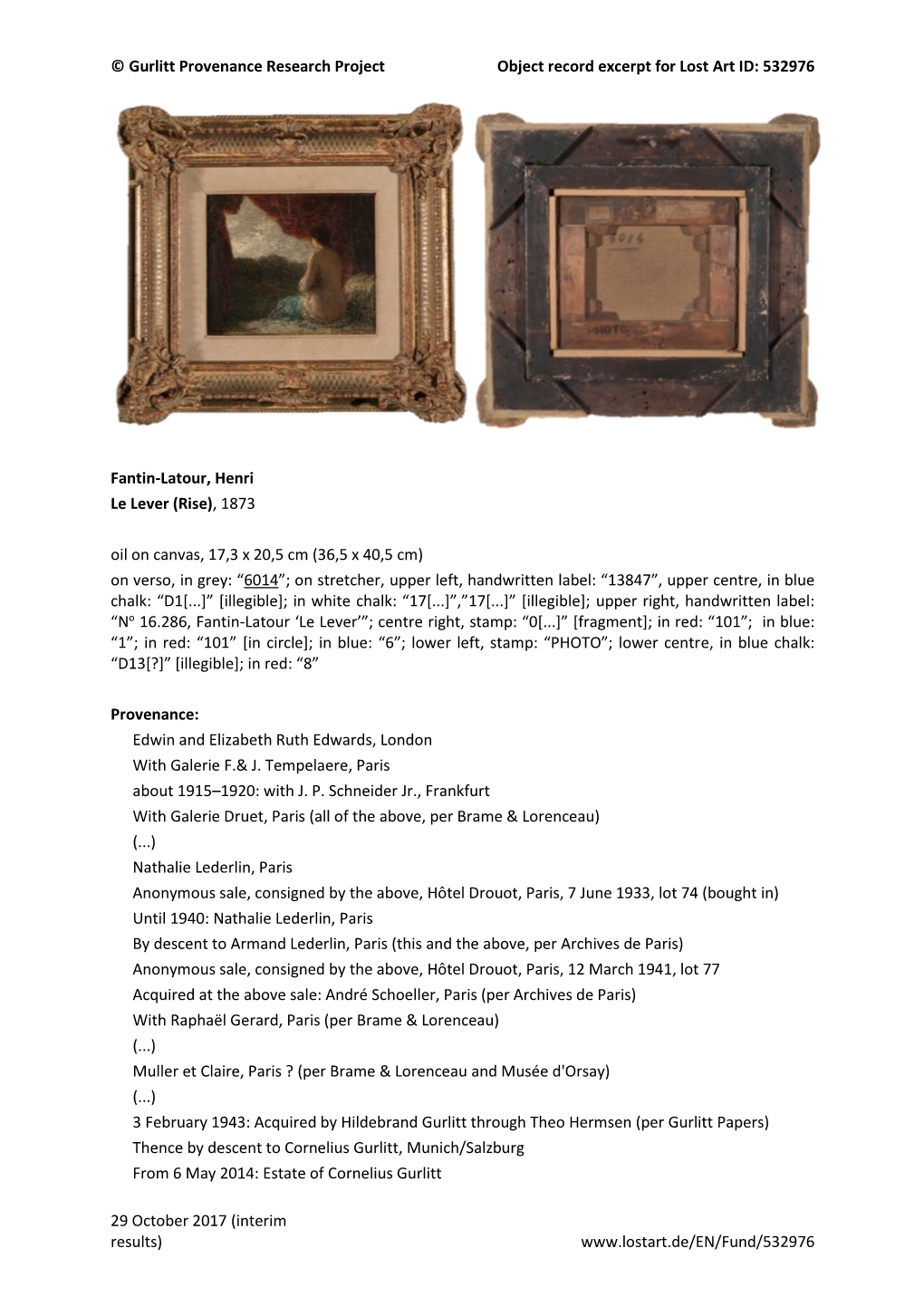 Gurlitt Provenance Research Project Object Record Excerpt for Lost Art ID: 532976