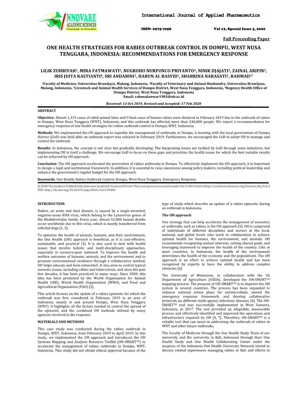 One Health Strategies for Rabies Outbreak Control in Dompu, West Nusa Tenggara, Indonesia: Recommendations for Emergency Response