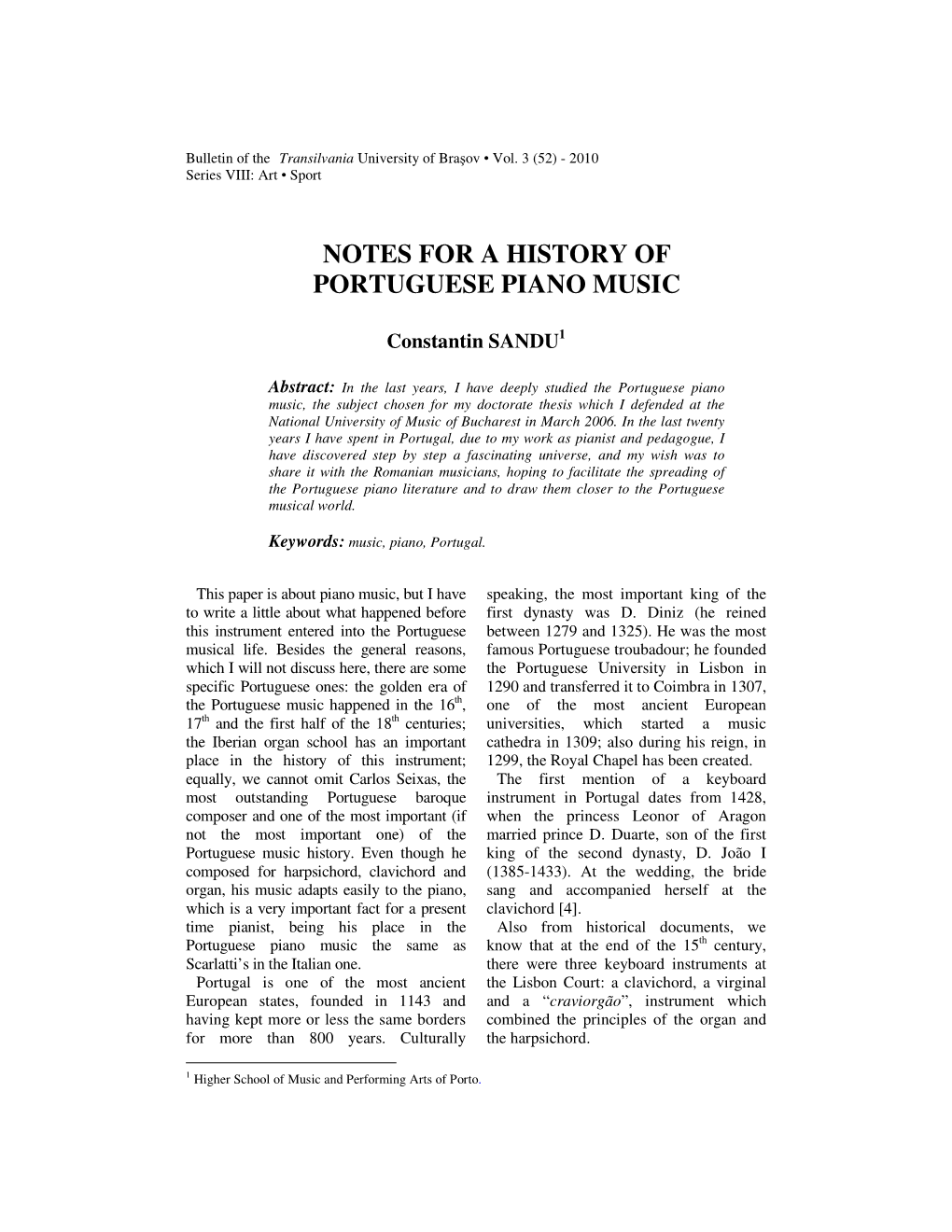 Sandu, C.: Notes for a History of Portuguese Piano Music