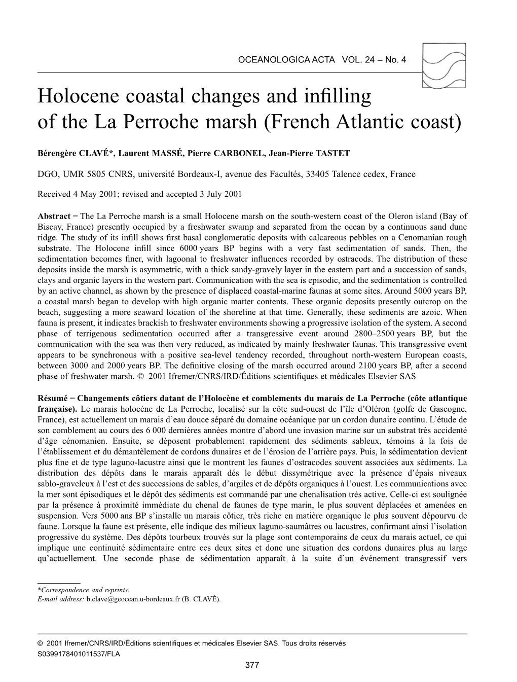 Holocene Coastal Changes and Infilling of the La Perroche Marsh