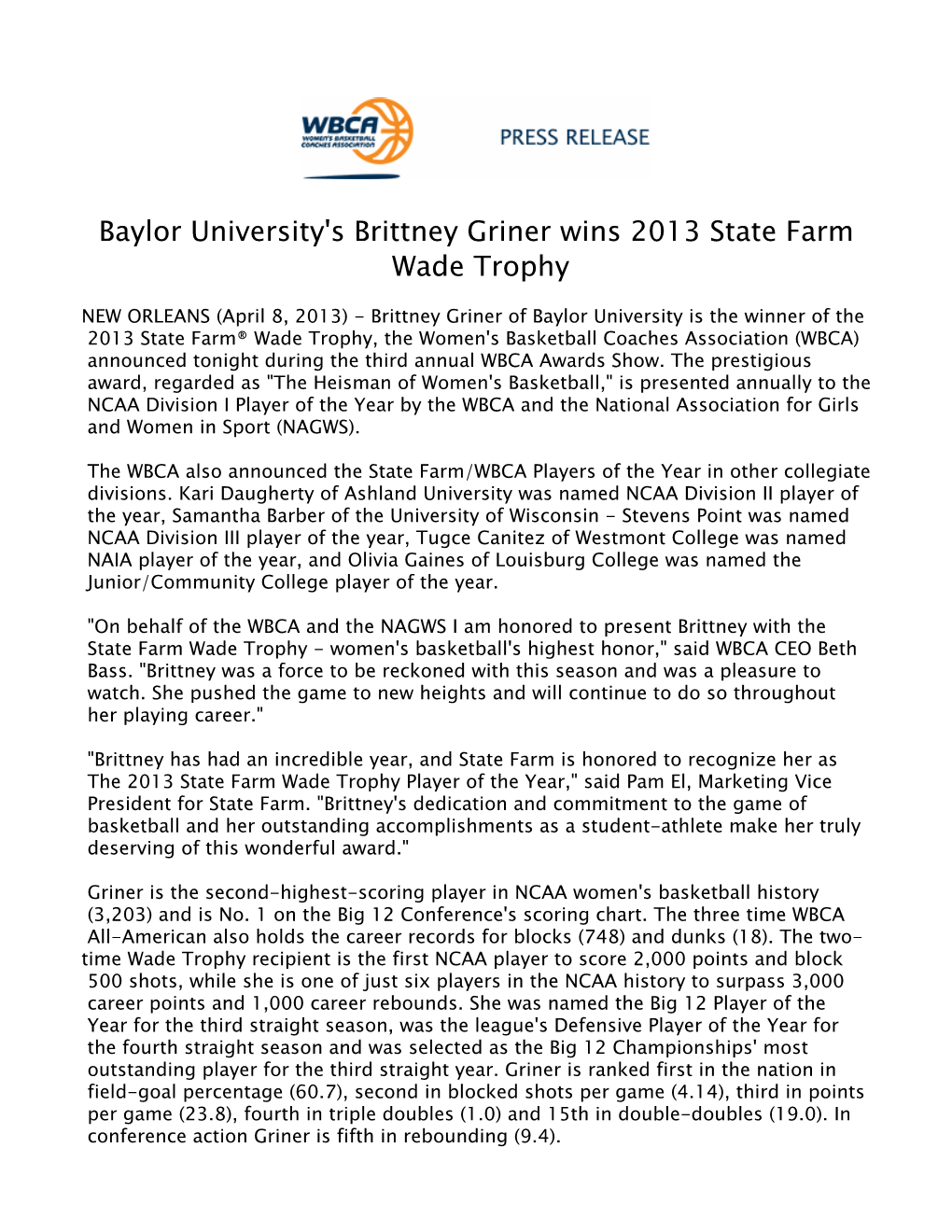 Baylor University's Brittney Griner Wins 2013 State Farm Wade Trophy 2012-13 040813