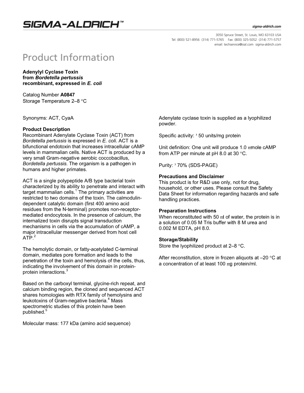 Adenylyl Cyclase Toxin from Bordetella Pertussis Recombinant, Expressed in E