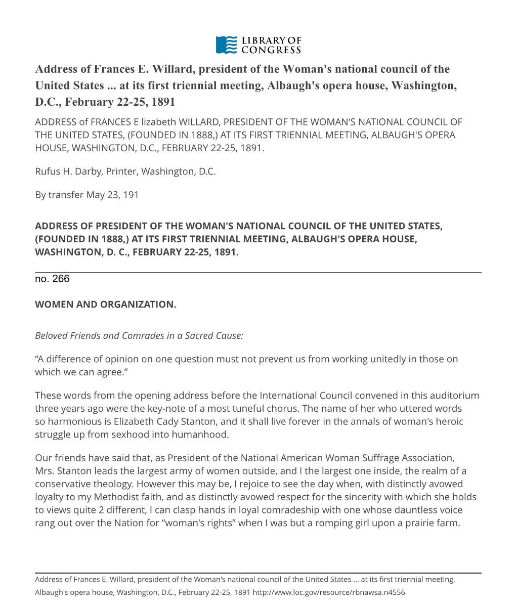 Address of Frances E. Willard, President of the Woman's National Council of the United States