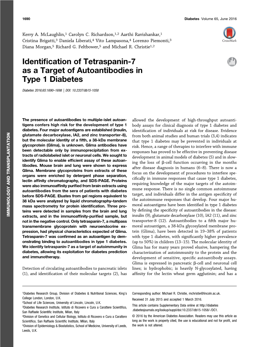 Identification of Tetraspanin-7 As a Target of Autoantibodies in Type 1