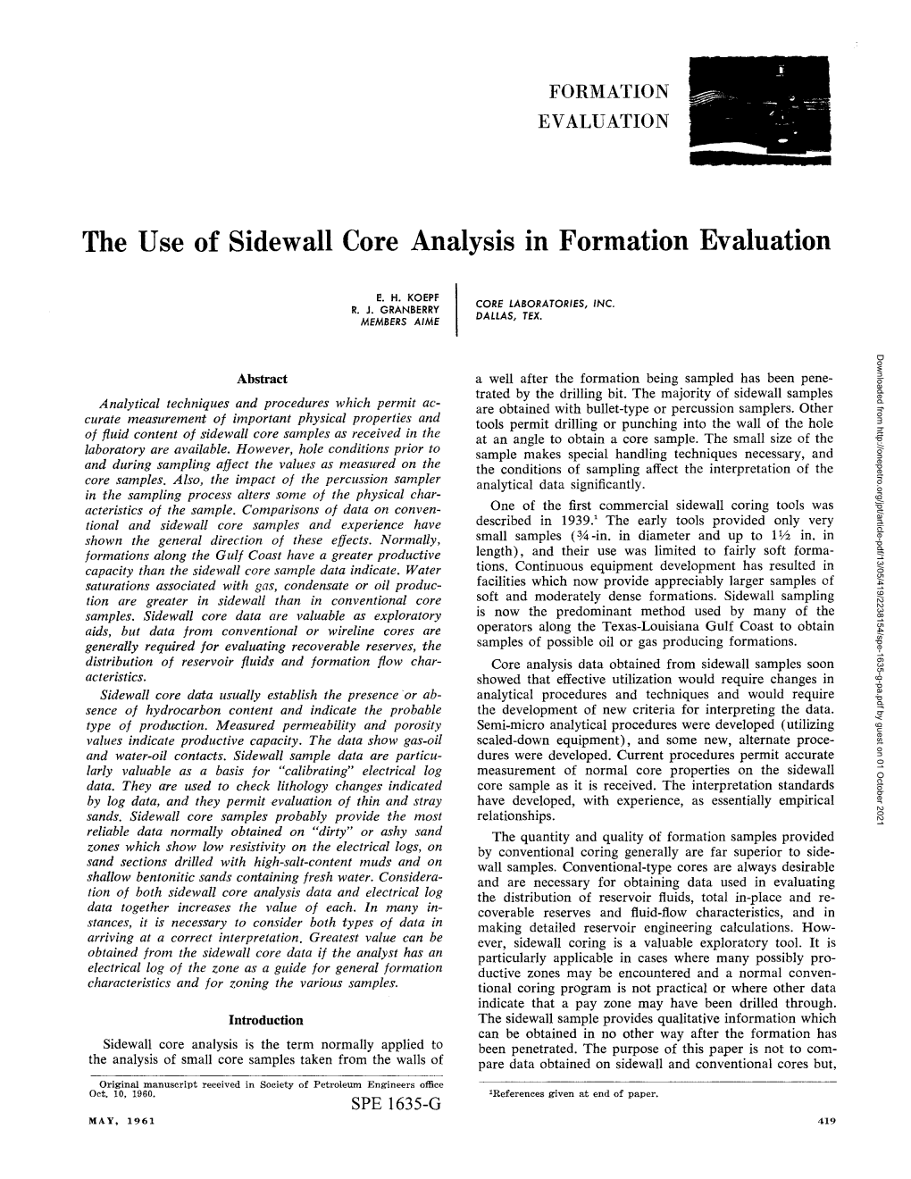 The Use of Sidewall Core Analysis in Formation Evaluation