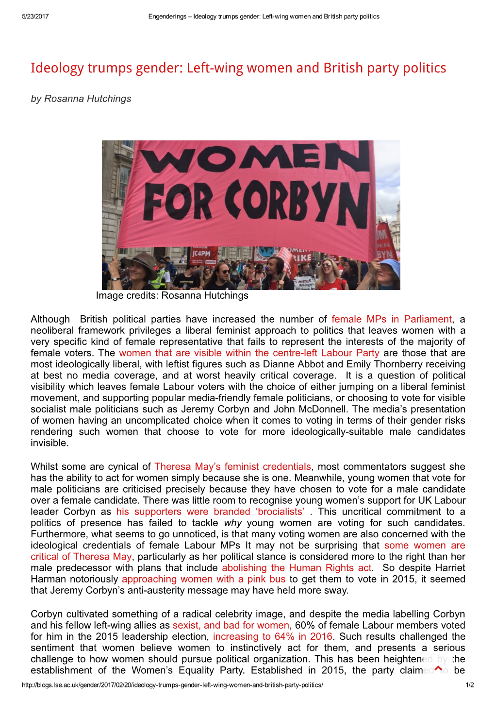 Ideology Trumps Gender: Left-Wing Women and British Party Politics