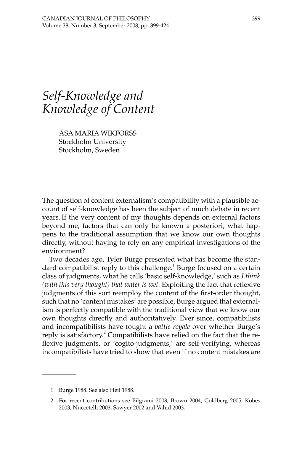 Self-Knowledge and Knowledge of Content 399 Volume 38, Number 3, September 2008, Pp