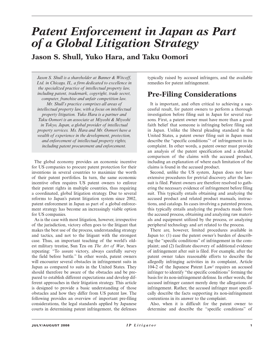 Patent Enforcement in Japan As Part of a Global Litigation Strategy Jason S