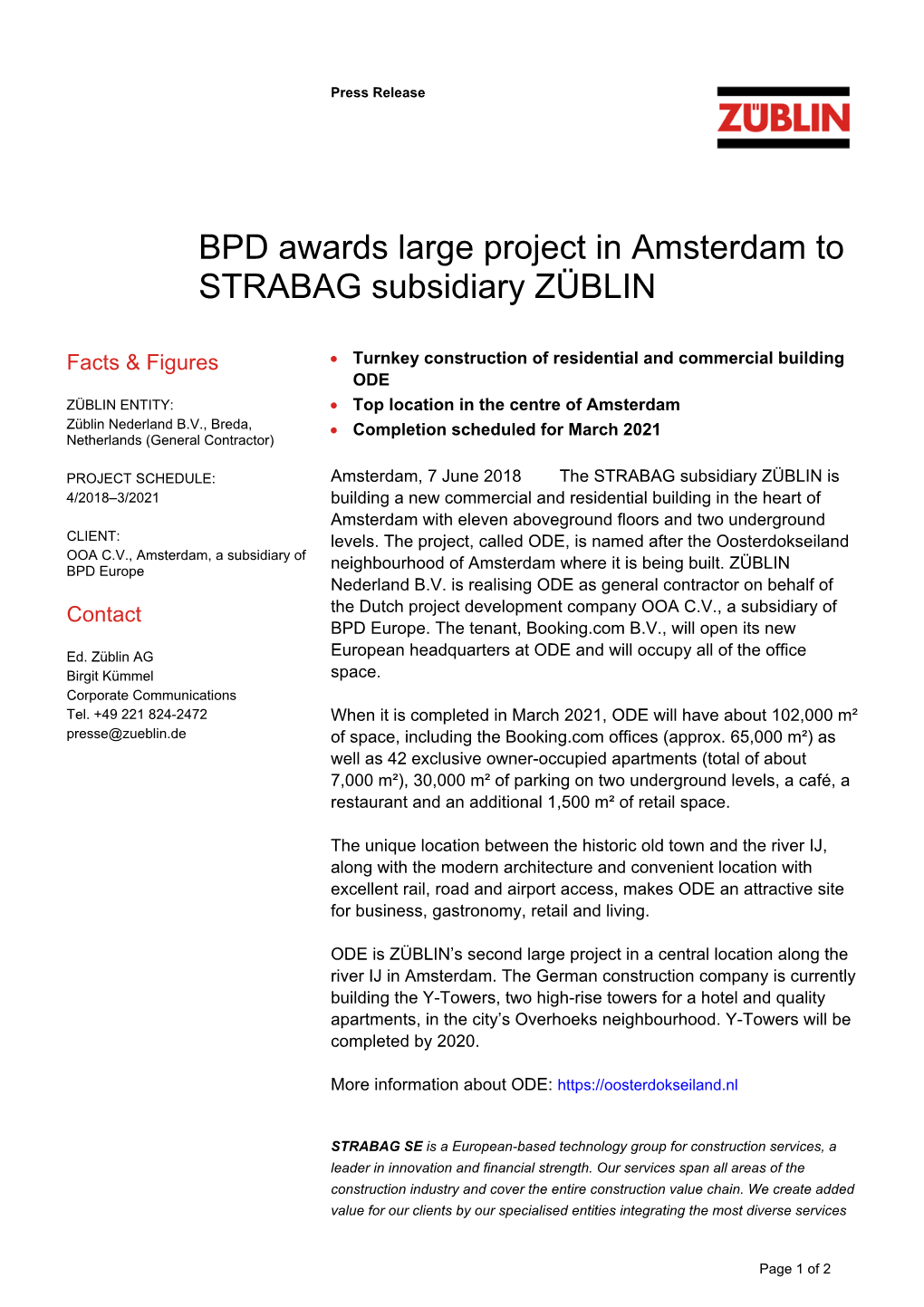 BPD Awards Large Project in Amsterdam to STRABAG Subsidiary ZÜBLIN