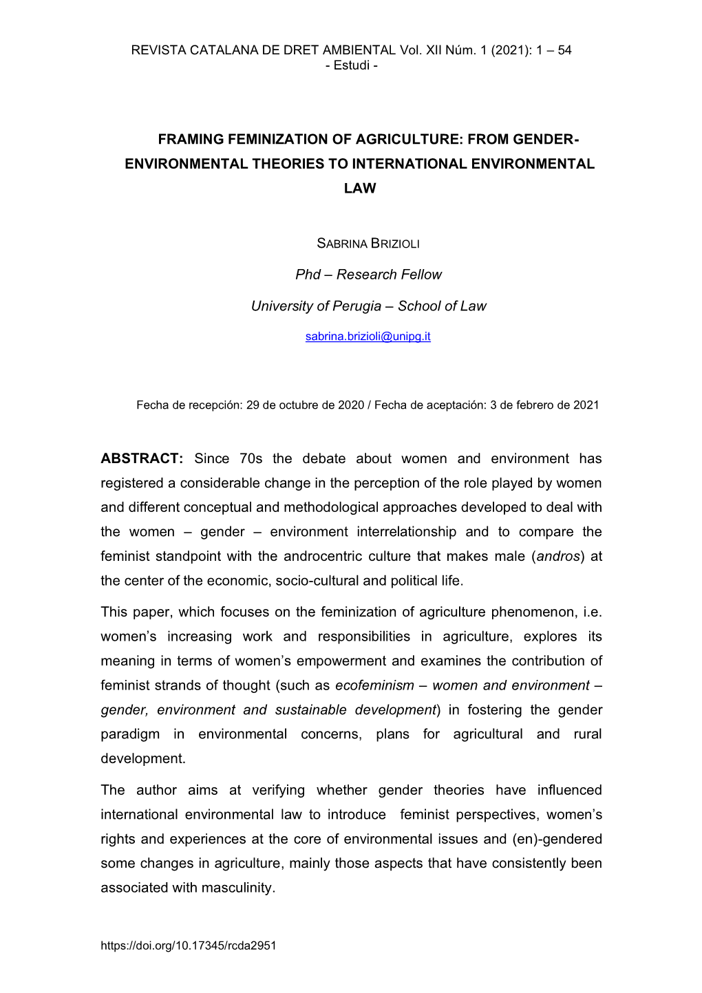 Framing Feminization of Agriculture: from Gender- Environmental Theories to International Environmental Law