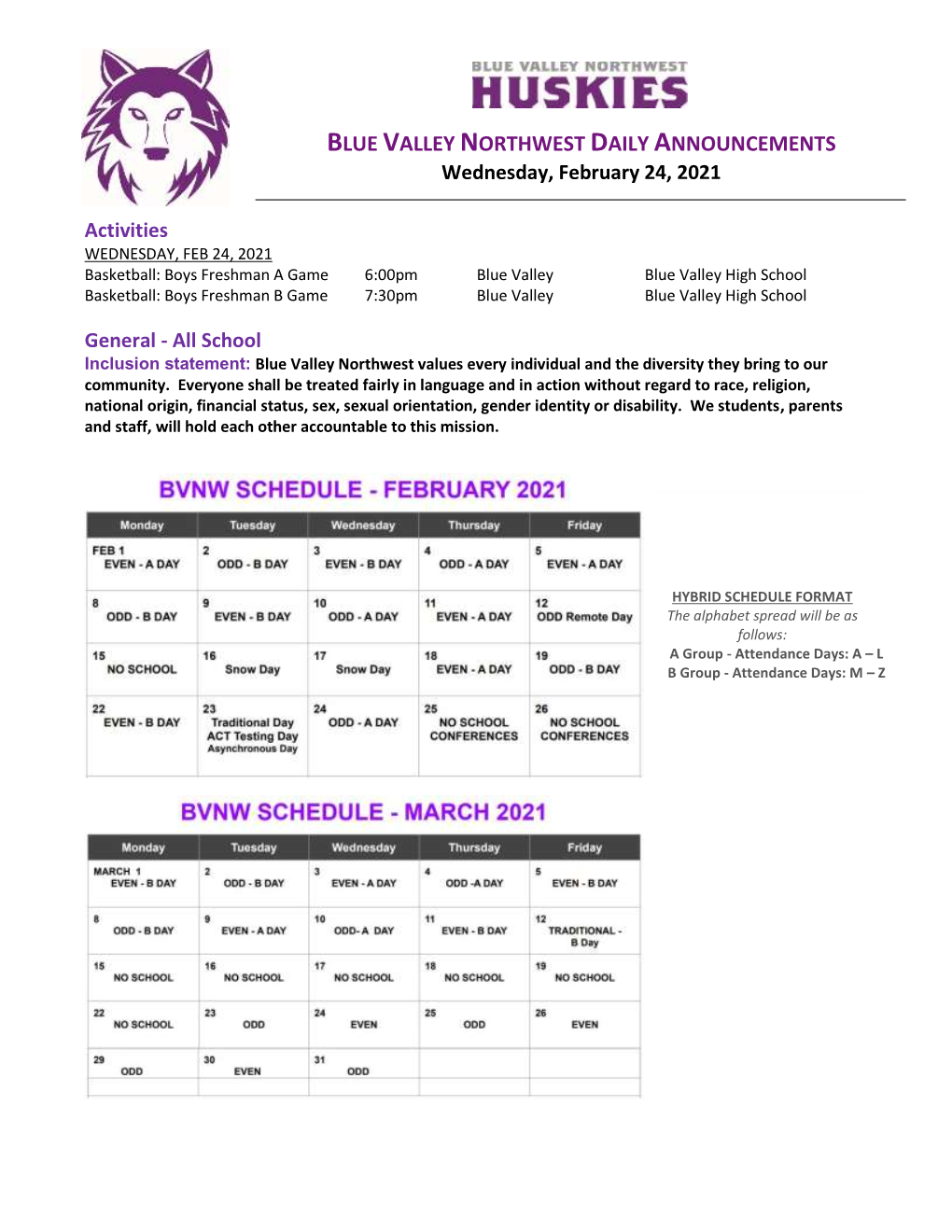 School BLUE VALLEY NORTHWEST DAILY ANNOUNCEMENTS Wednesday, February 24, 2021