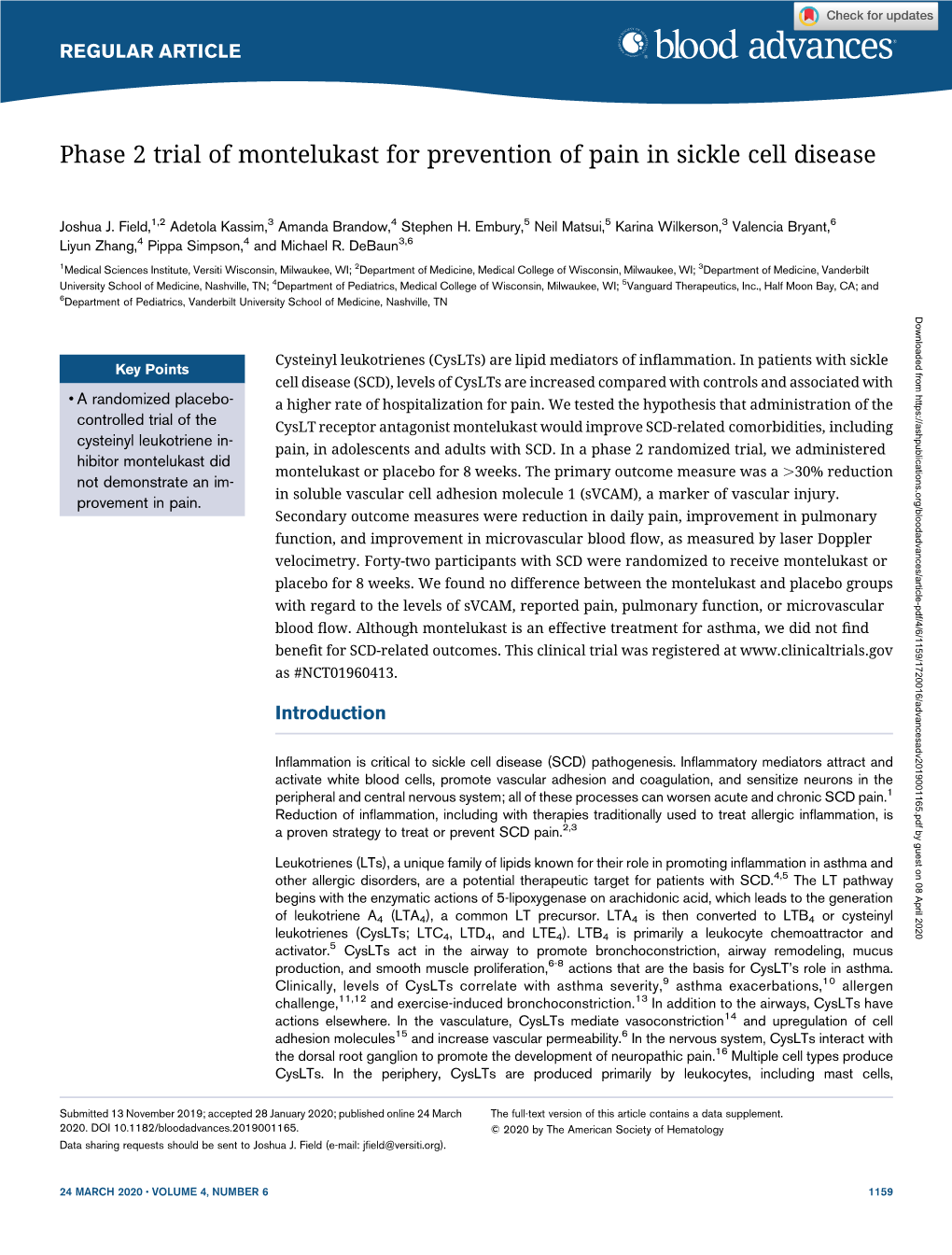 Phase 2 Trial of Montelukast for Prevention of Pain in Sickle Cell Disease