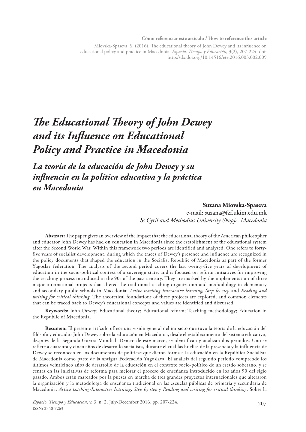 The Educational Theory of John Dewey and Its Influence on Educational Policy and Practice in Macedonia