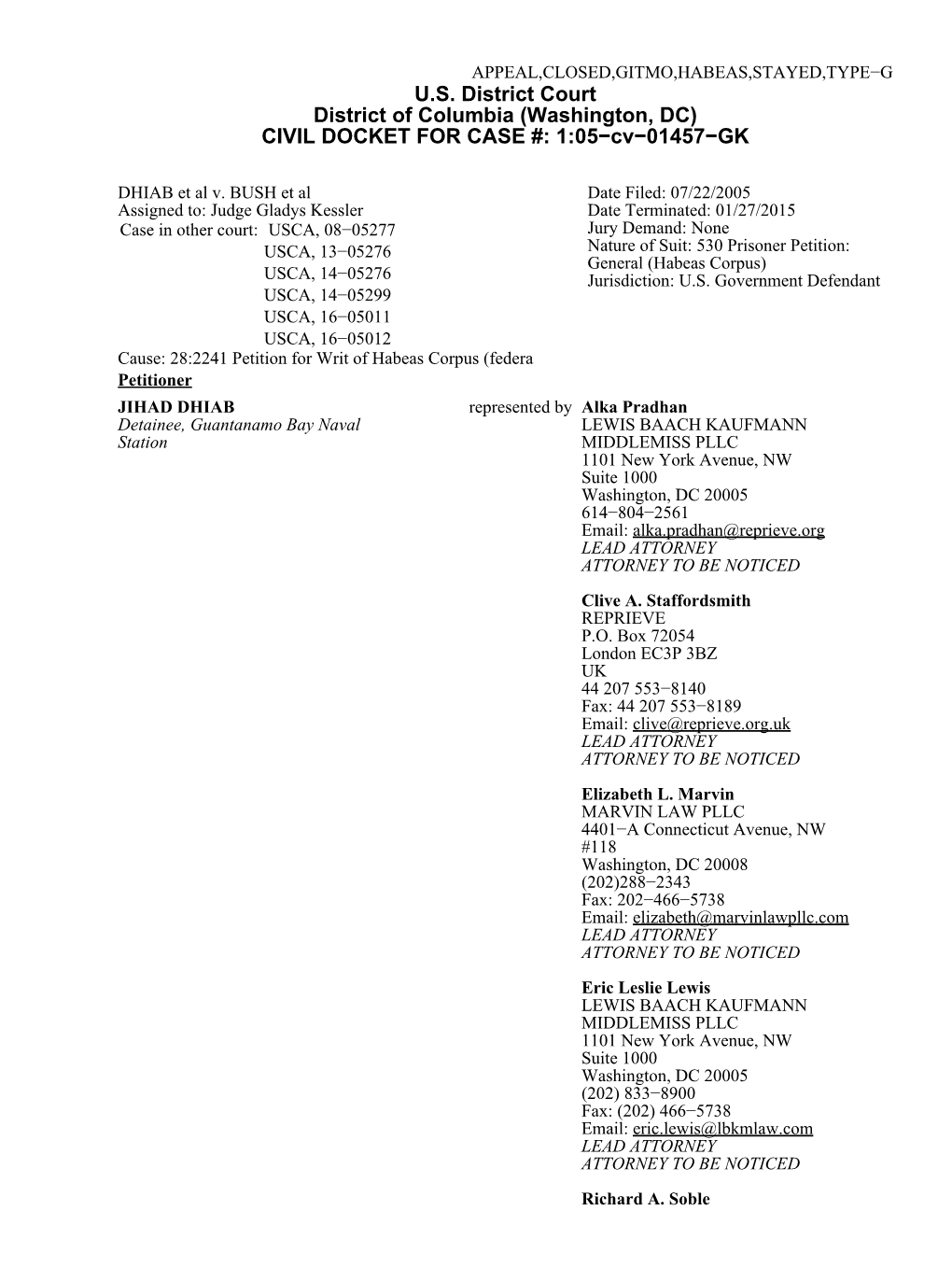 (Washington, DC) CIVIL DOCKET for CASE #: 1:05−Cv−01457−GK