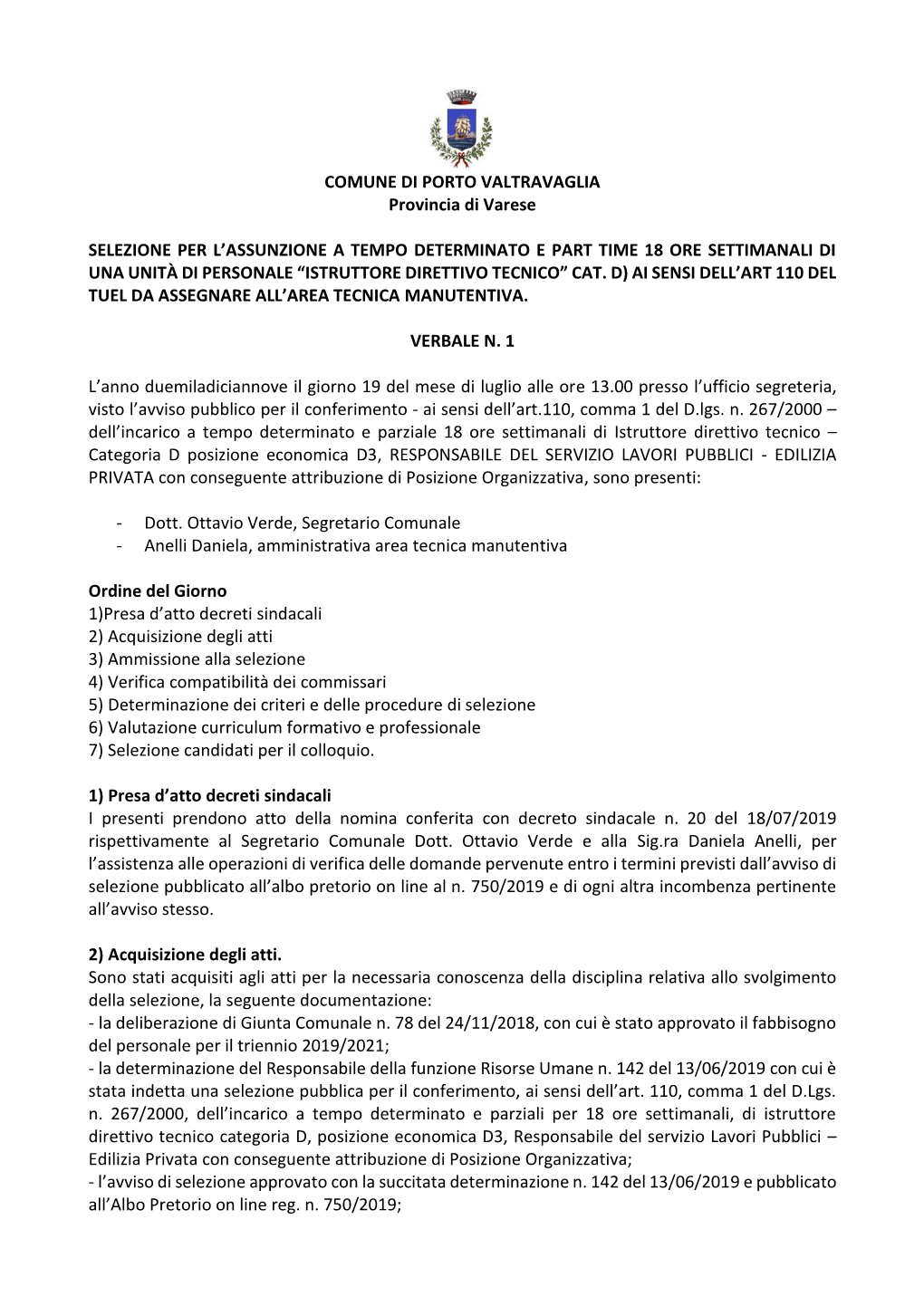 COMUNE DI PORTO VALTRAVAGLIA Provincia Di Varese SELEZIONE