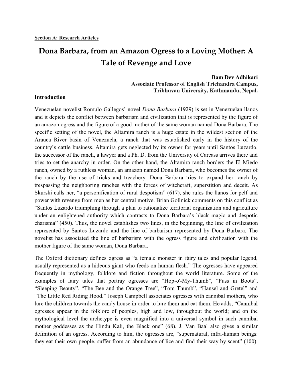 Dona Barbara, from an Amazon Ogress to a Loving Mother: a Tale of Revenge and Love