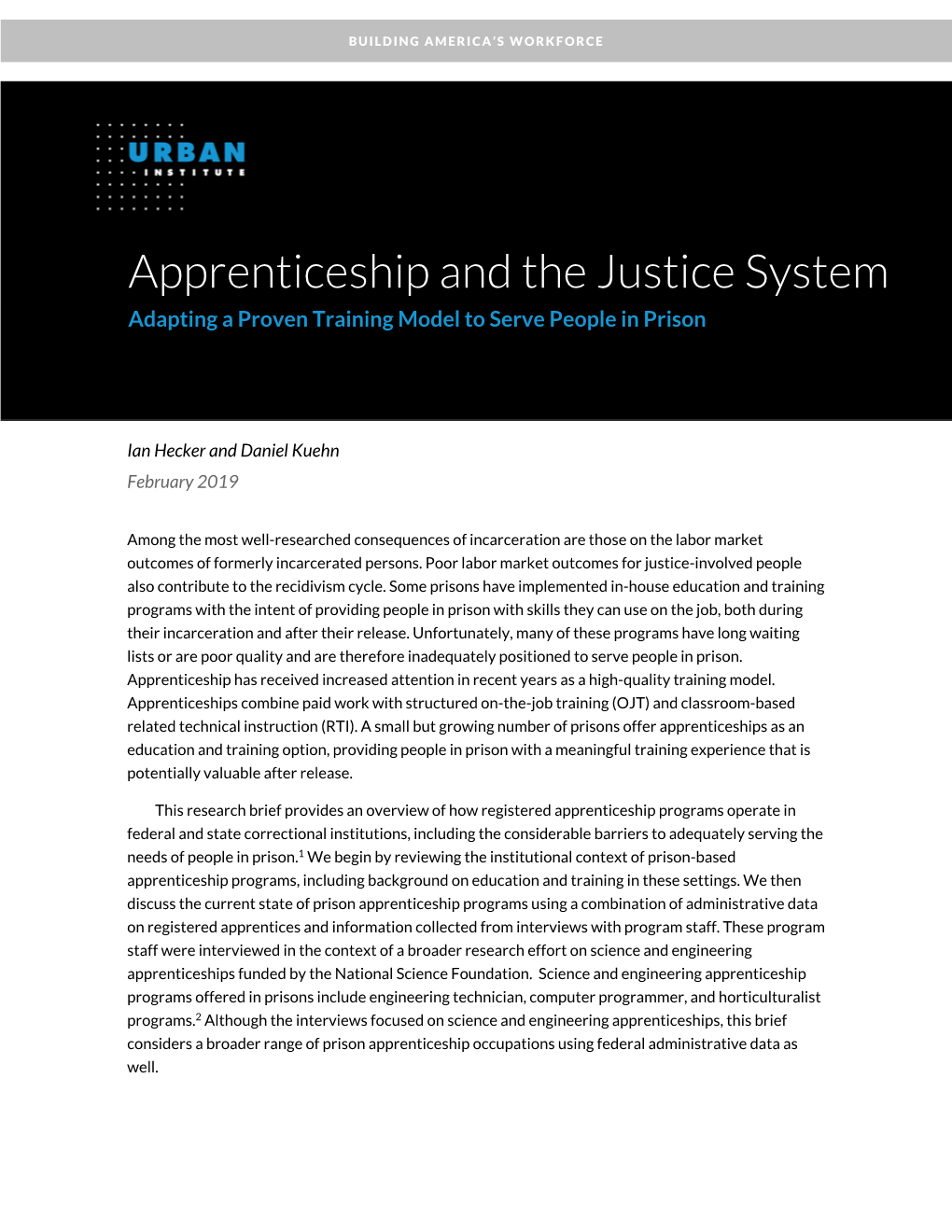 Apprenticeship and the Justice System Adapting a Proven Training Model to Serve People in Prison