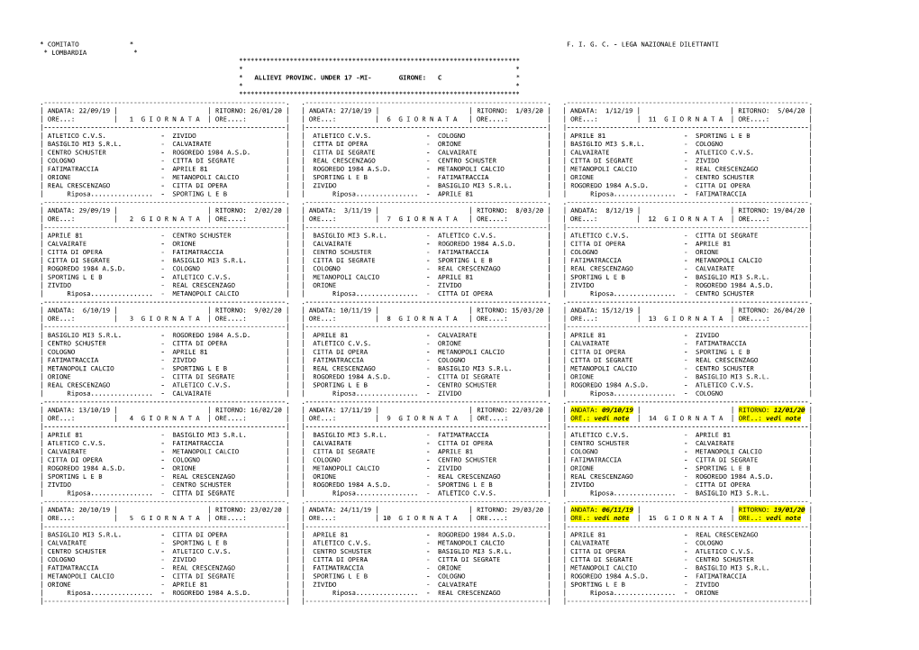 Comitato * F. I. G. C. - Lega Nazionale Dilettanti * Lombardia * ************************************************************************ * * * Allievi Provinc