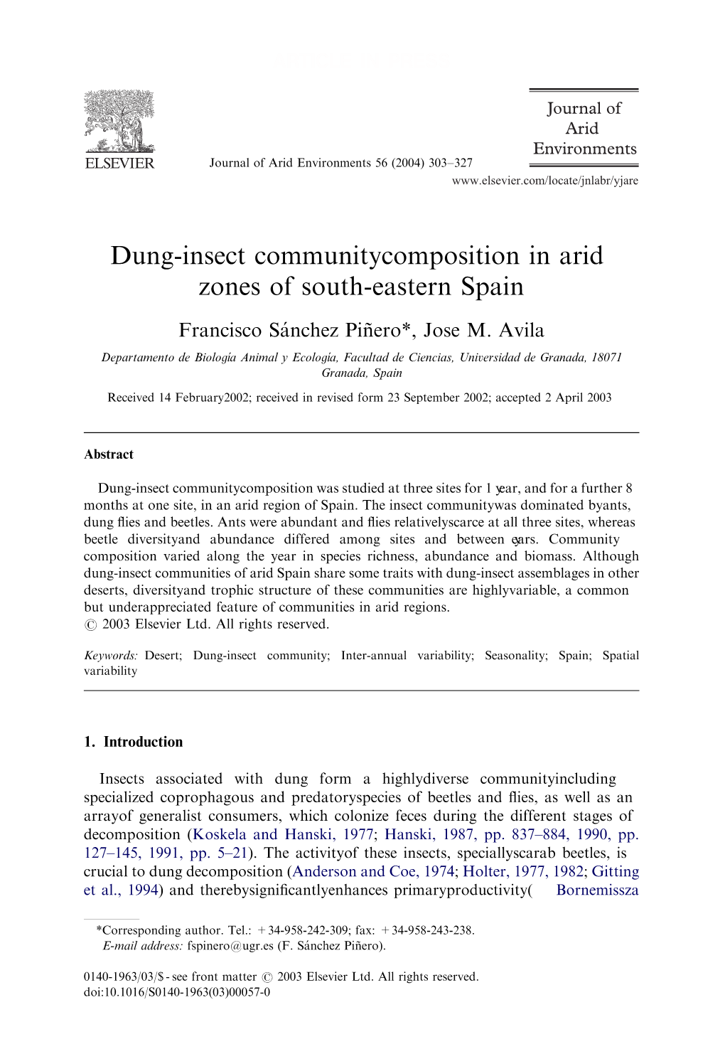 Dung-Insect Community Composition in Arid Zones of South-Eastern Spain