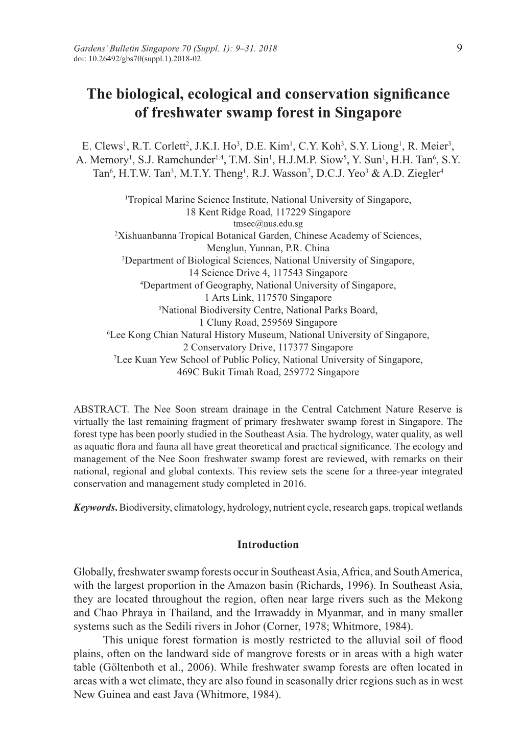 The Biological, Ecological and Conservation Significance of Freshwater Swamp Forest in Singapore