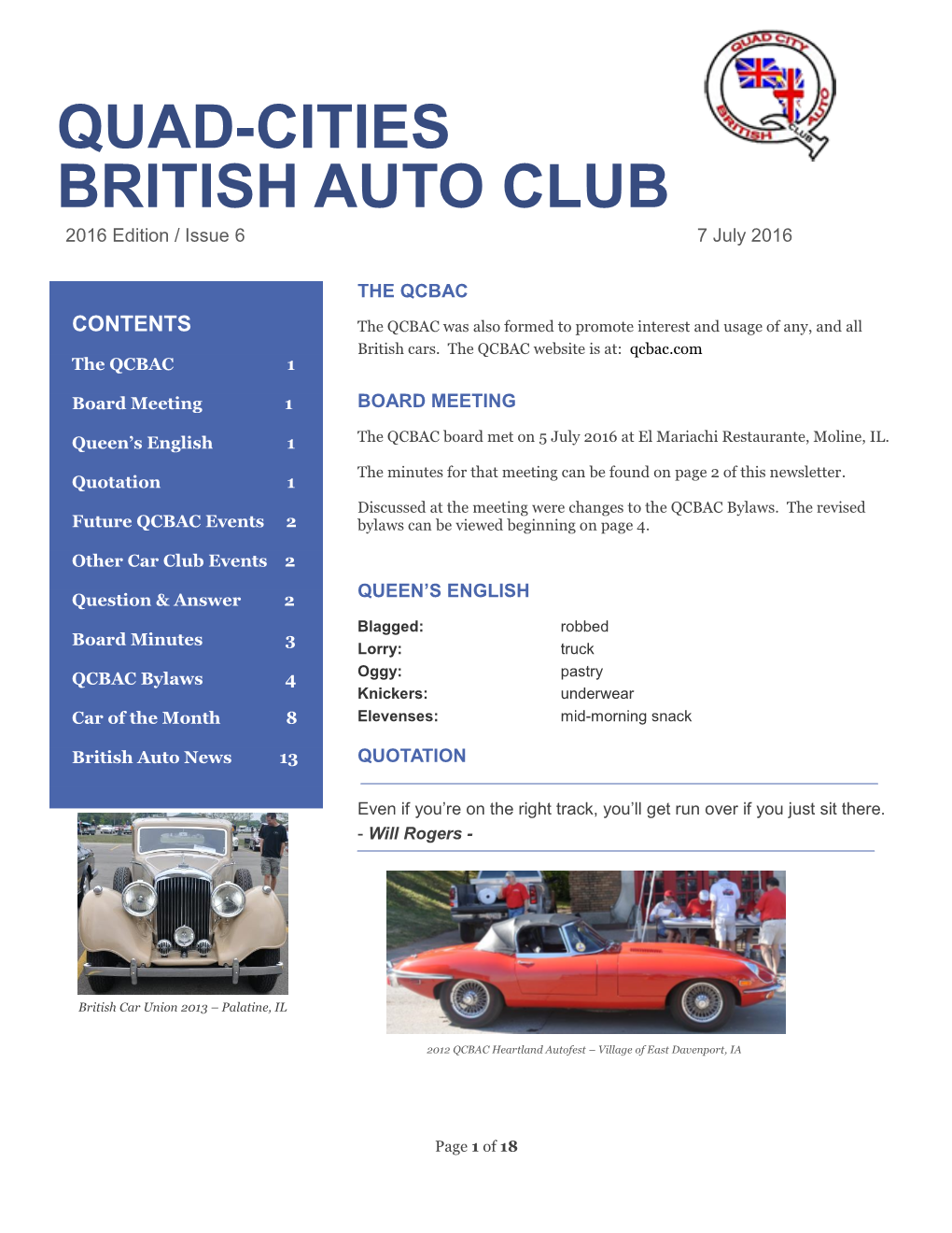 QUAD-CITIES BRITISH AUTO CLUB 2016 Edition / Issue 6 7 July 2016
