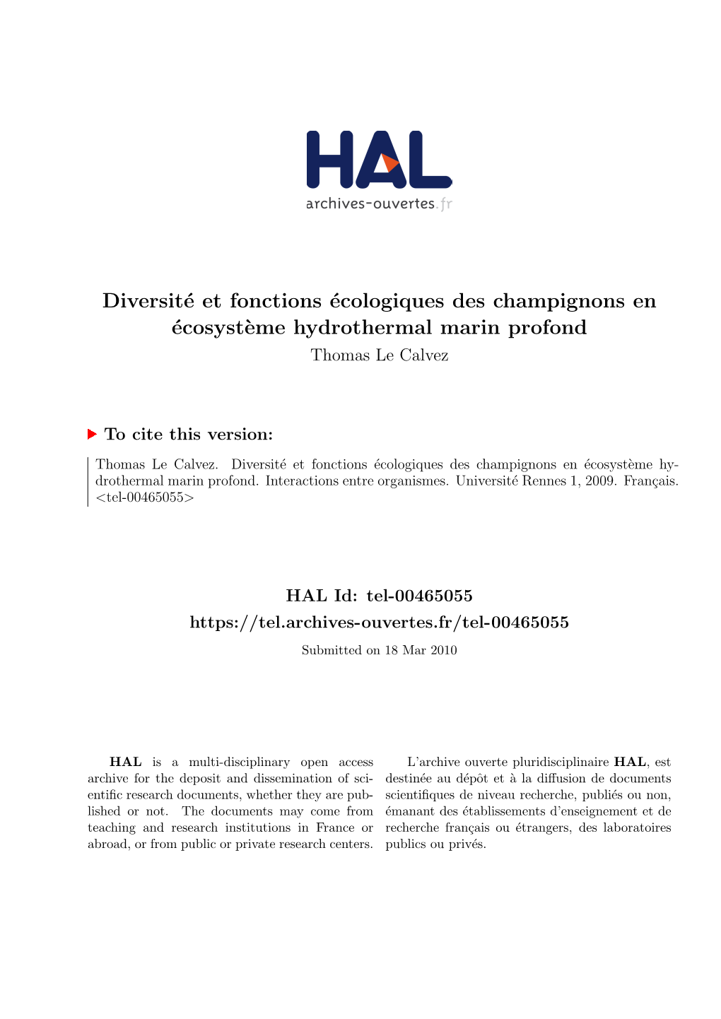 Diversité Et Fonctions Écologiques Des Champignons En Écosystème Hydrothermal Marin Profond