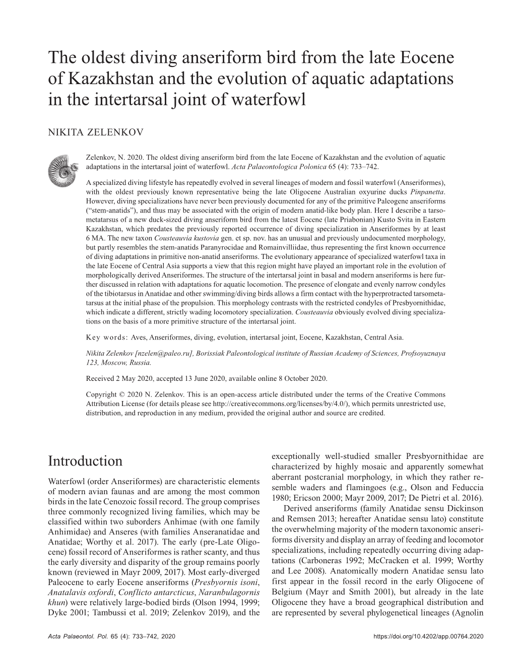 The Oldest Diving Anseriform Bird from the Late Eocene of Kazakhstan and the Evolution of Aquatic Adaptations in the Intertarsal Joint of Waterfowl