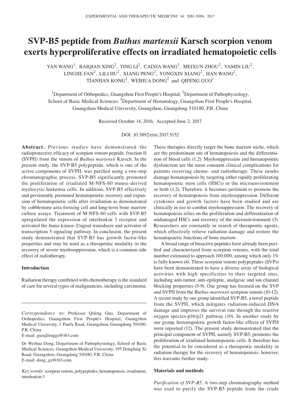 SVP‑B5 Peptide from Buthus Martensii Karsch Scorpion Venom Exerts Hyperproliferative Effects on Irradiated Hematopoietic Cells