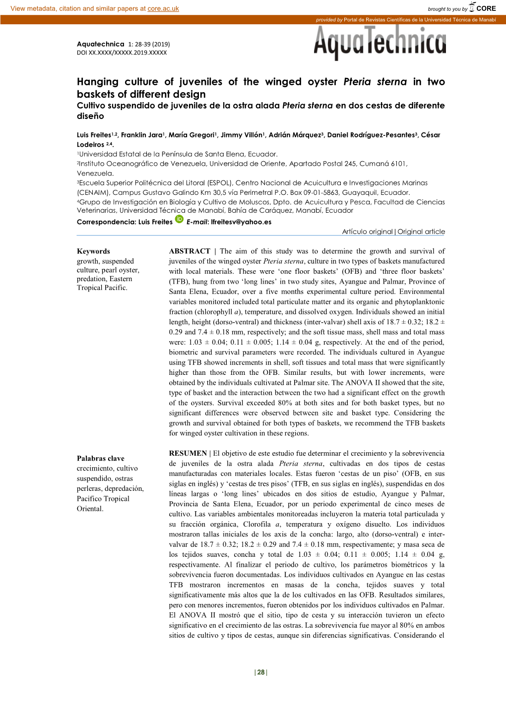 Hanging Culture of Juveniles of the Winged Oyster Pteria Sterna